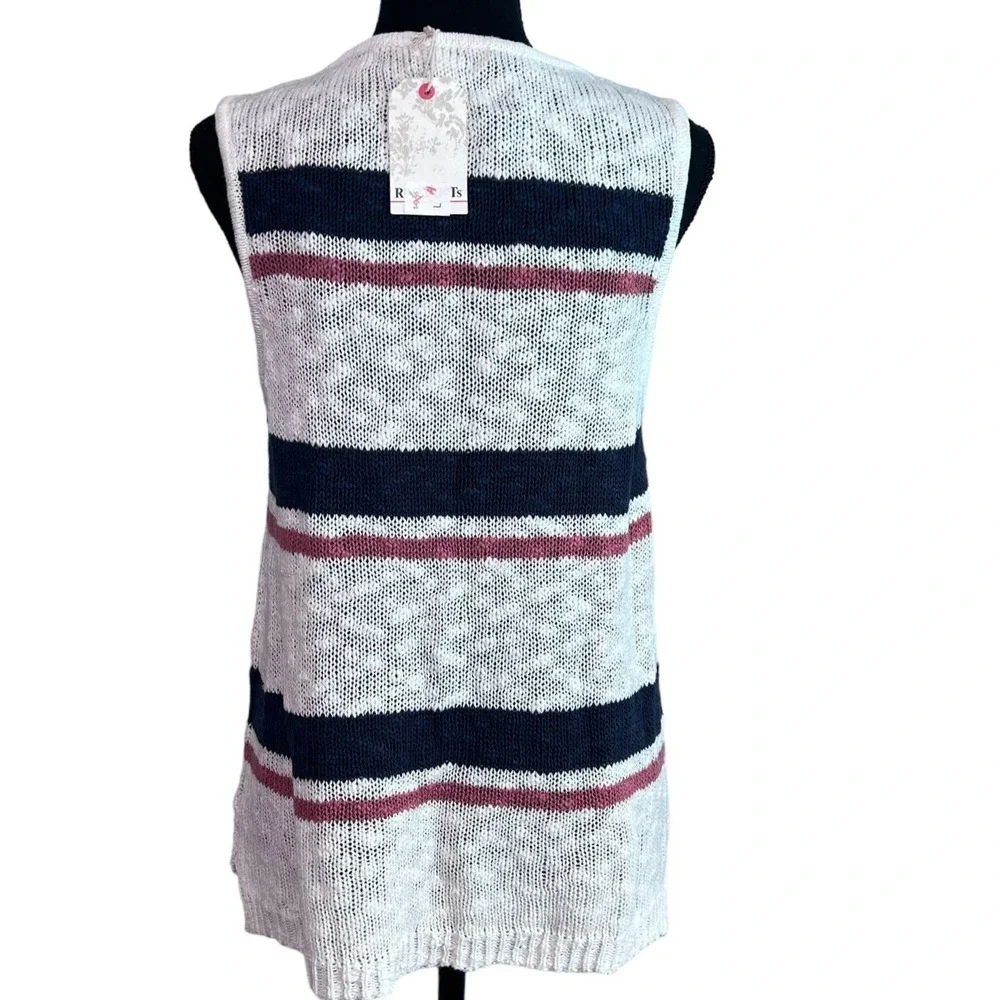 Rag Poets Tulum Sleeveless‎ Navy Pink Striped Sweater Tank Large Coastal Beach - Picture 2 of 5